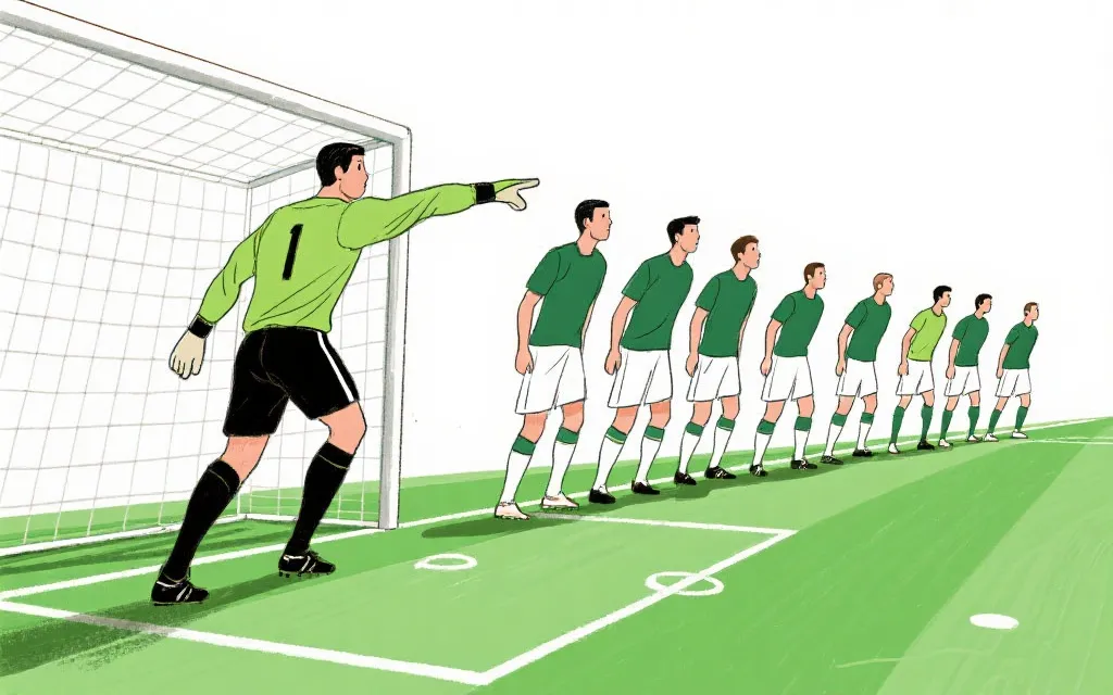 门将指挥防线、后卫线保持紧凑的战术画面