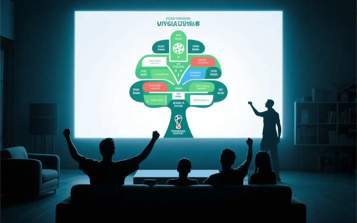 世界杯淘汰赛对阵树与球迷观看屏幕的视觉